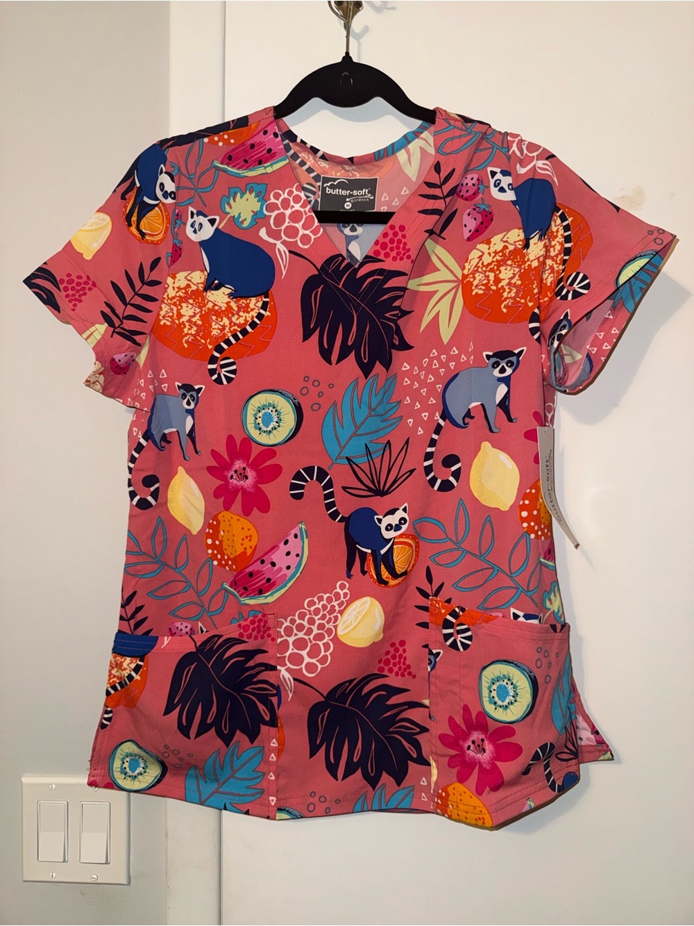 Butter Coral Pink Lemur & Tropical Print V-Neck Scrub Top